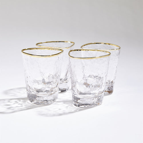 S/4 HAMMERED WATER GLASSES-CLEAR W/GOLD RIM