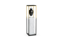 Load image into Gallery viewer, Contemporary Square Ebonised Oak &amp; Brass Pedestal with White Calcutta Marble Centre