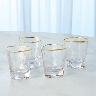 S/4 HAMMERED WATER GLASSES-CLEAR W/GOLD RIM