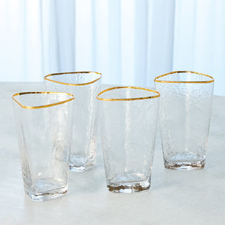 S/4 HAMMERED HIGH BALL GLASSES-CLEAR W/GOLD RIM