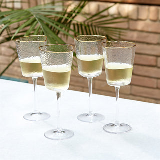 S/4 HAMMERED FOOTED WINE GLASSES-CLEAR W/GOLD RIM
