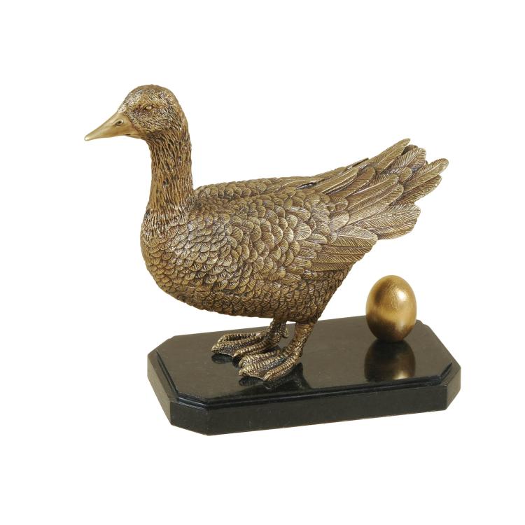 Antique Bronze Finished Cast Brass Goose With Egg, Black Waxstone Base.