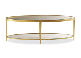 Maitland Smith Jinx Brass Oval Cocktail Table – Elegant Brass Frame with Inset Glass Top and Shelf, 56" x 26" x 19"