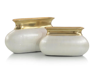 Set of Two Champagne White and Gold Aluminum Vases