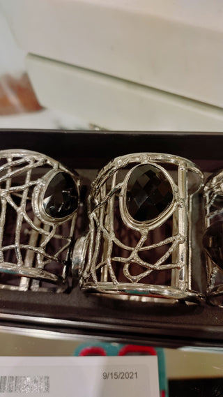 Set of Four Black Onyx and Nickel Napkin Rings